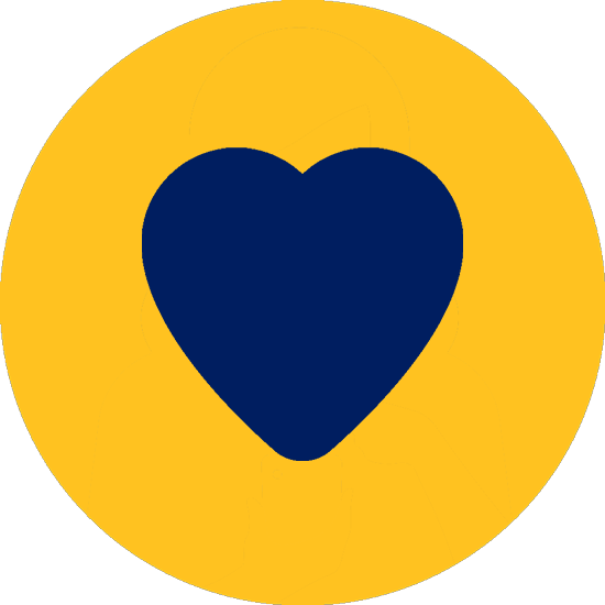 Heart icon in Bentonville Blue against a circlular background in Spark Yellow