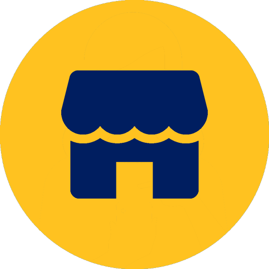 Online storefront icon in Bentonville Blue against a circlular background in Spark Yellow
